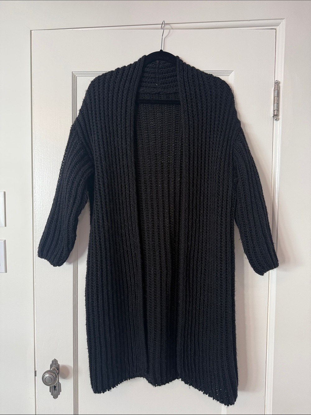 Cozy Open-Front Black Ribbed Knit Cardigan